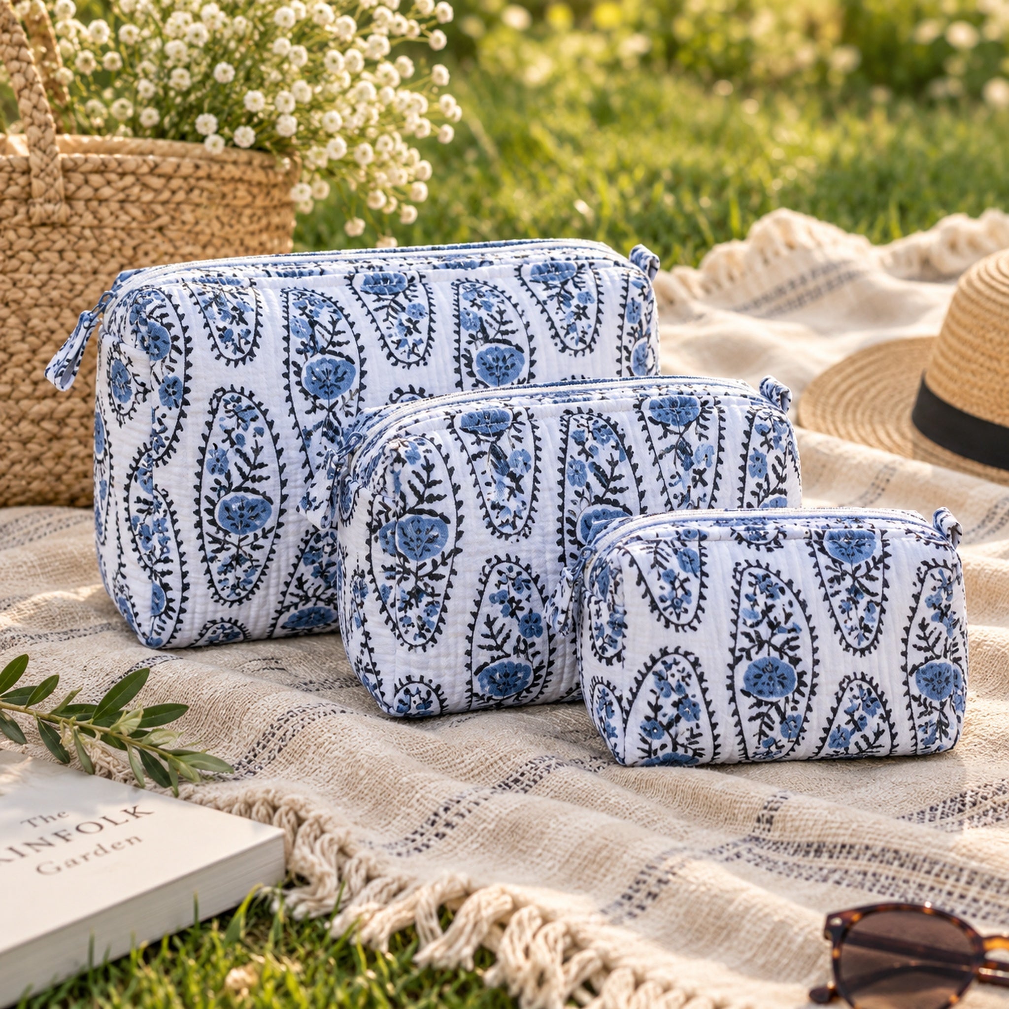 Indigo Paisley Quilted Pouch Set of 3 – hand block-printed cotton pouches in blue paisley