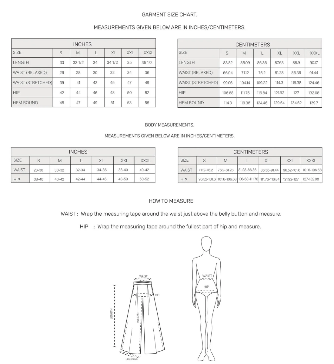 Dune Culotte Pants size chart