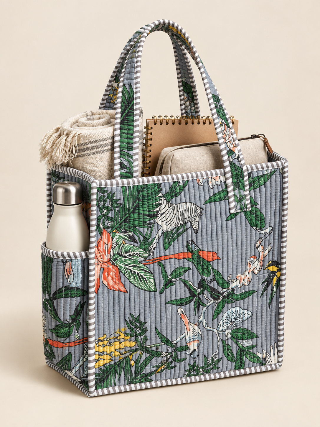 Grey Jungle Mini Tote Bag lifestyle shot packed with essentials