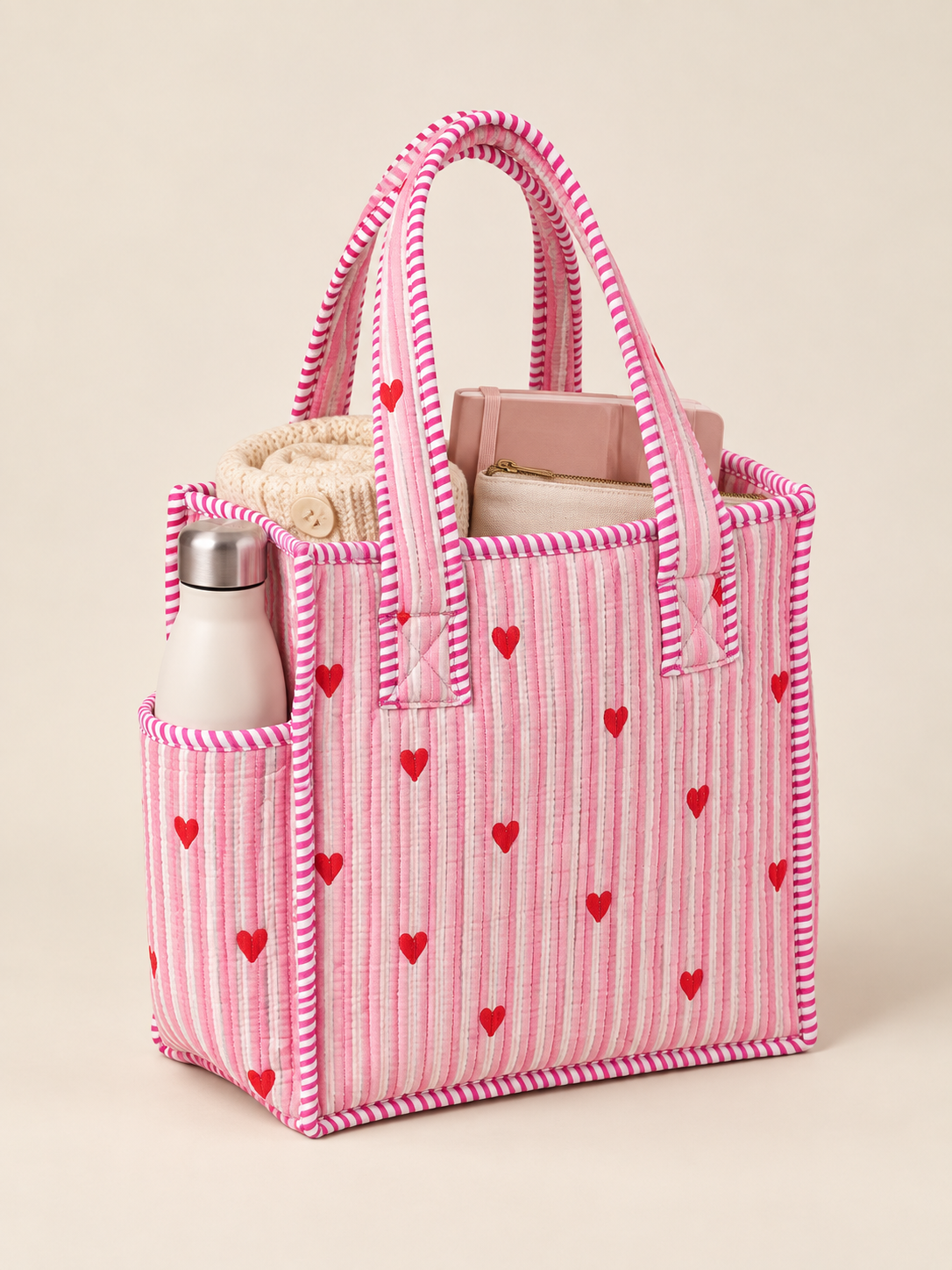 Pink Hearts Mini Tote Bag lifestyle shot packed with essentials
