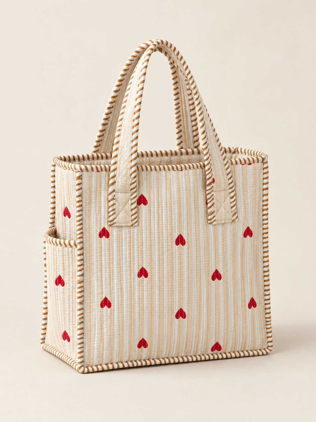 Beige Hearts Mini Tote Bag front view