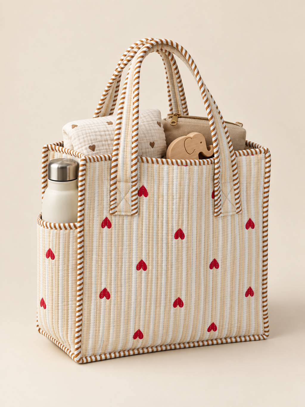 Beige Hearts Mini Tote Bag lifestyle shot packed with essentials