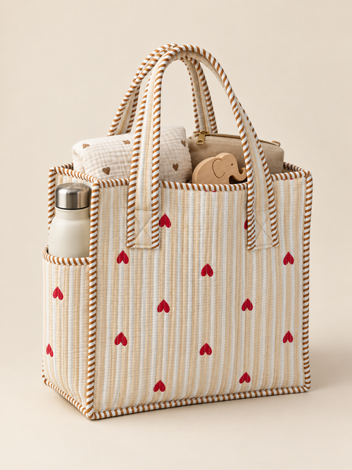 Beige Hearts Mini Tote Bag lifestyle shot packed with essentials