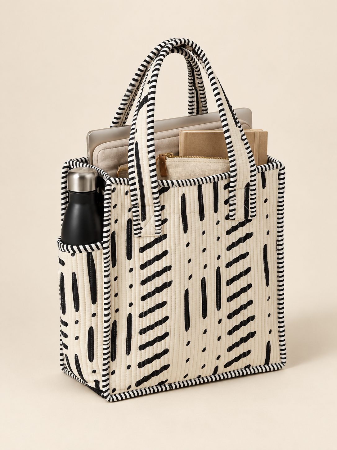 Oat Geometric Mini Tote Bag lifestyle shot packed with essentials