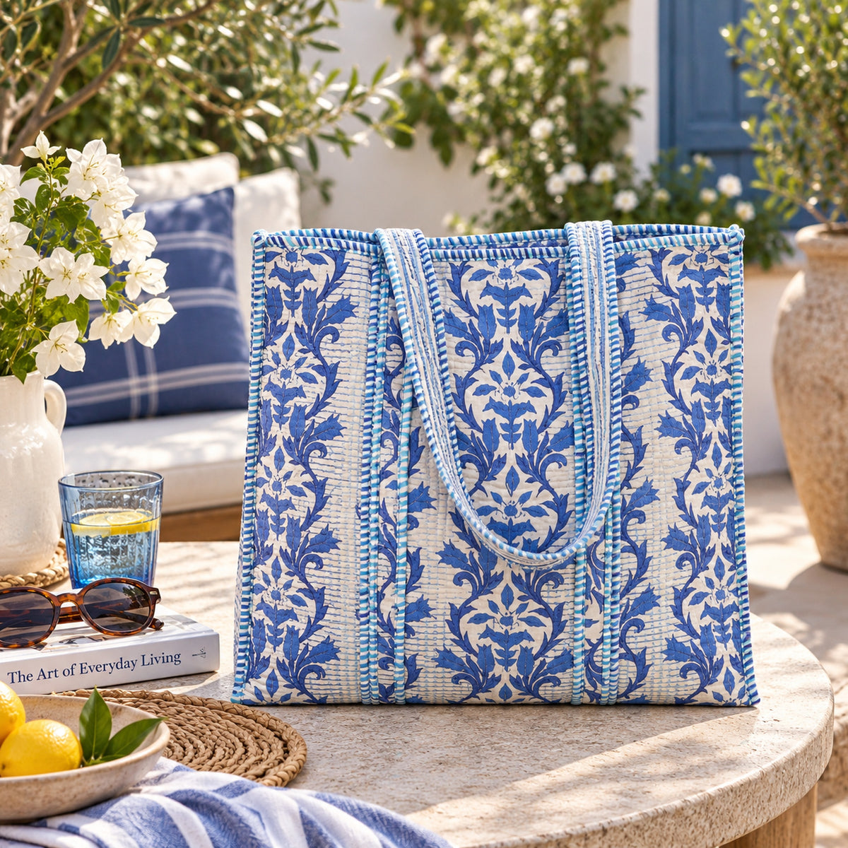 Royal Blue Vine Tote – reversible block-print quilted cotton tote bag