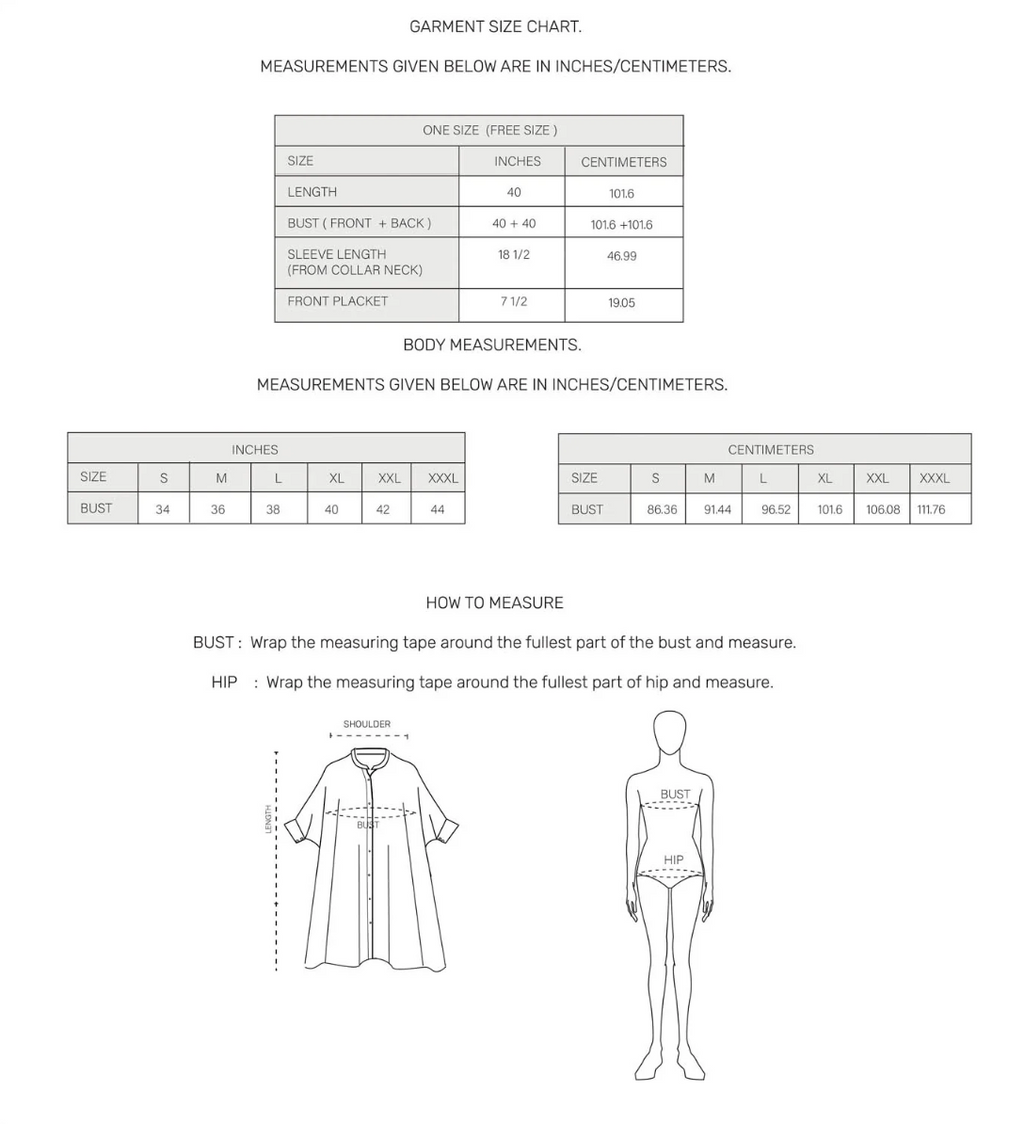 Lavender handloom cotton shirt dress - size chart