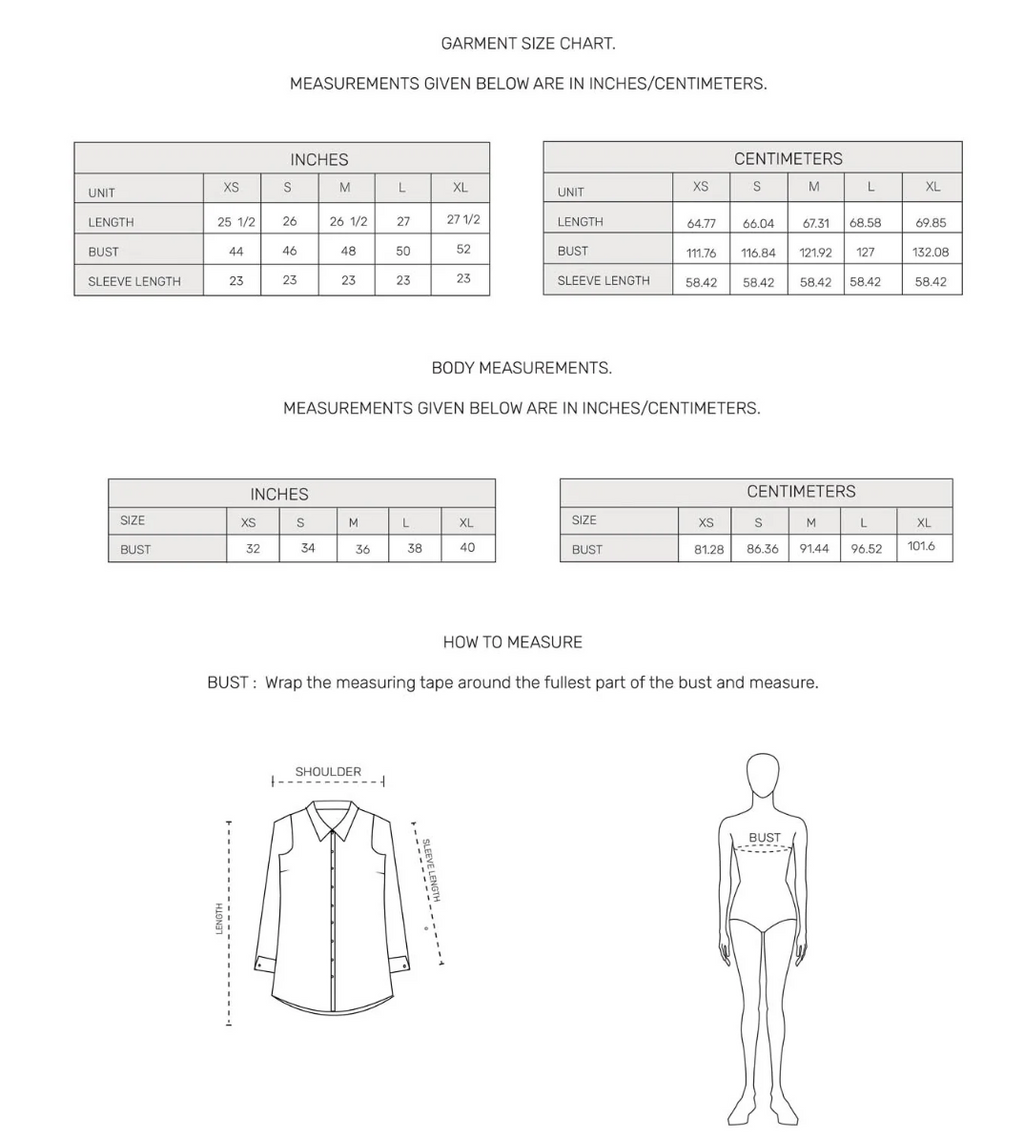 Midnight Boho Shirt - Size chart