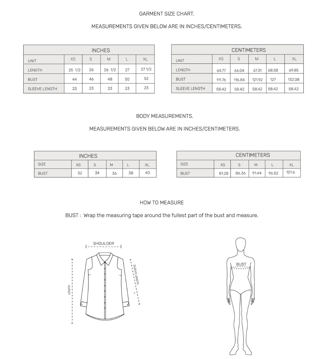 Midnight Boho Shirt - Size chart
