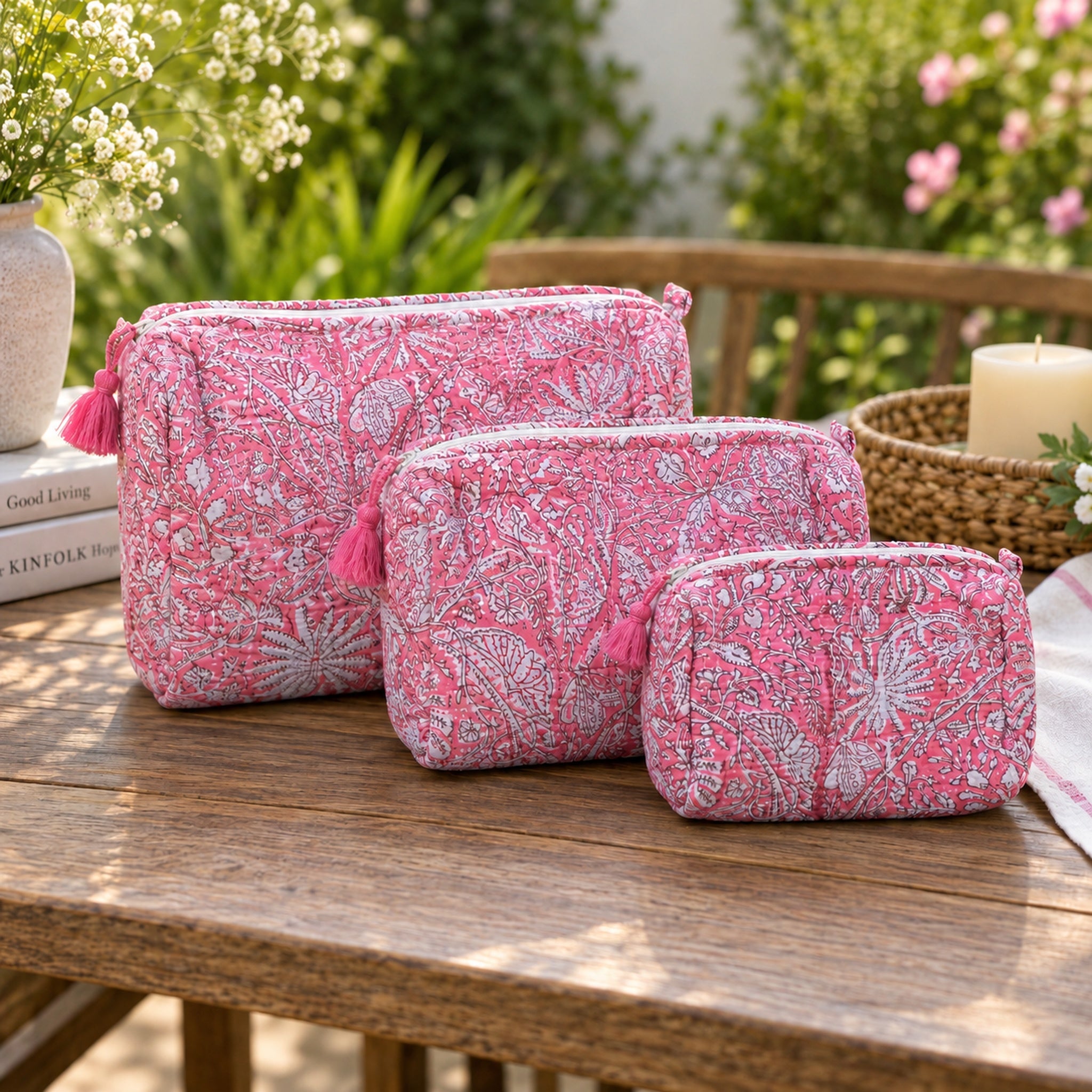 Pink Garden Reversible Quilted Pouch Set of 3 – vibrant pink floral block-printed cotton pouches with tassel zippers