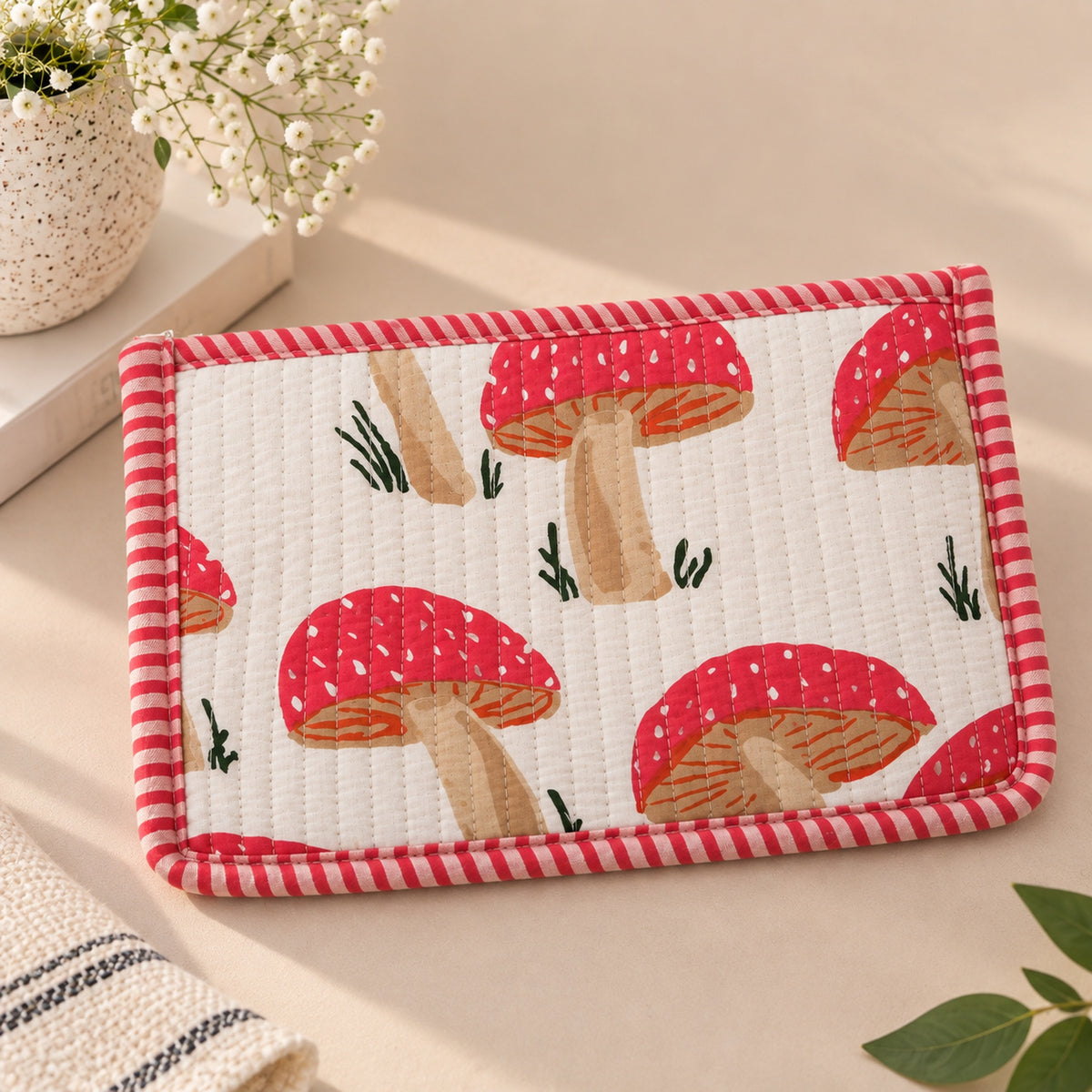 Red Mushroom Quilted Flat Zip Pouch with striped trim