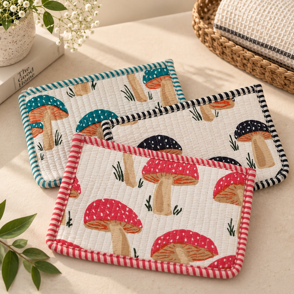 Black, red, and green Mushroom Quilted Flat Zip Pouches