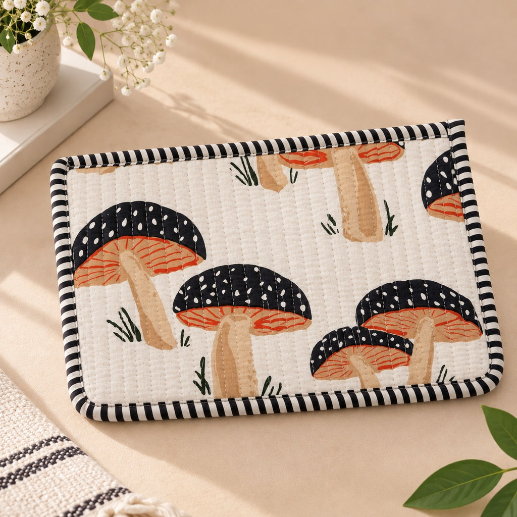 Black Mushroom Quilted Flat Zip Pouch with striped trim
