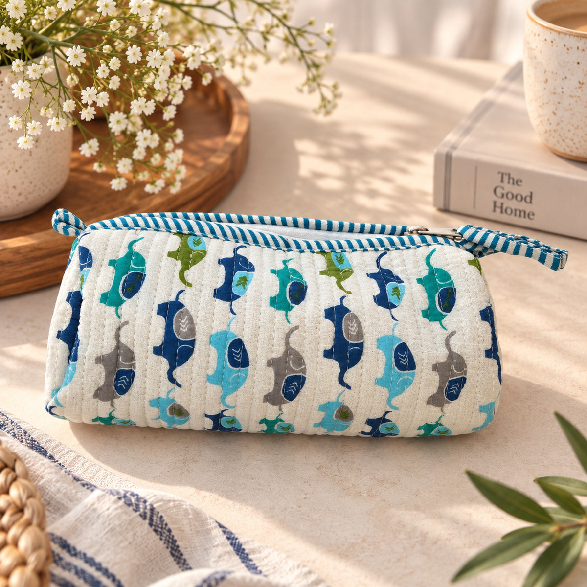 Blue elephant block-printed quilted pencil and accessory pouch