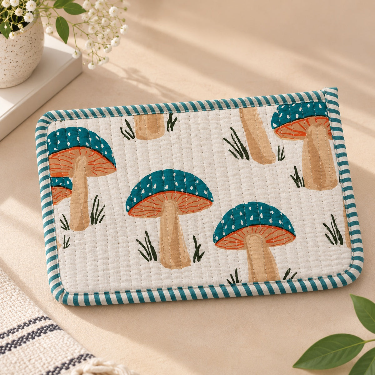 Green Mushroom Quilted Flat Zip Pouch with striped trim