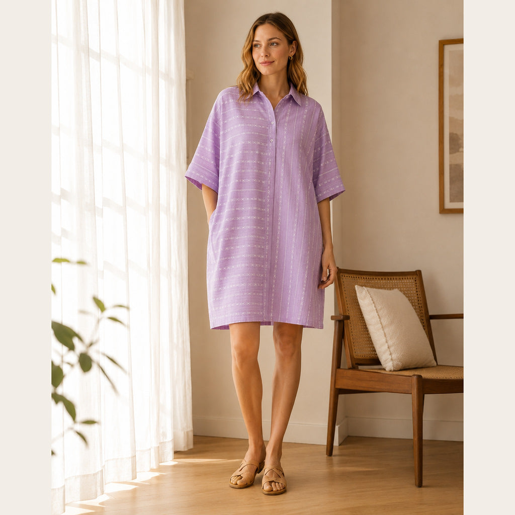 Lavender handloom cotton shirt dress - lifestyle shot