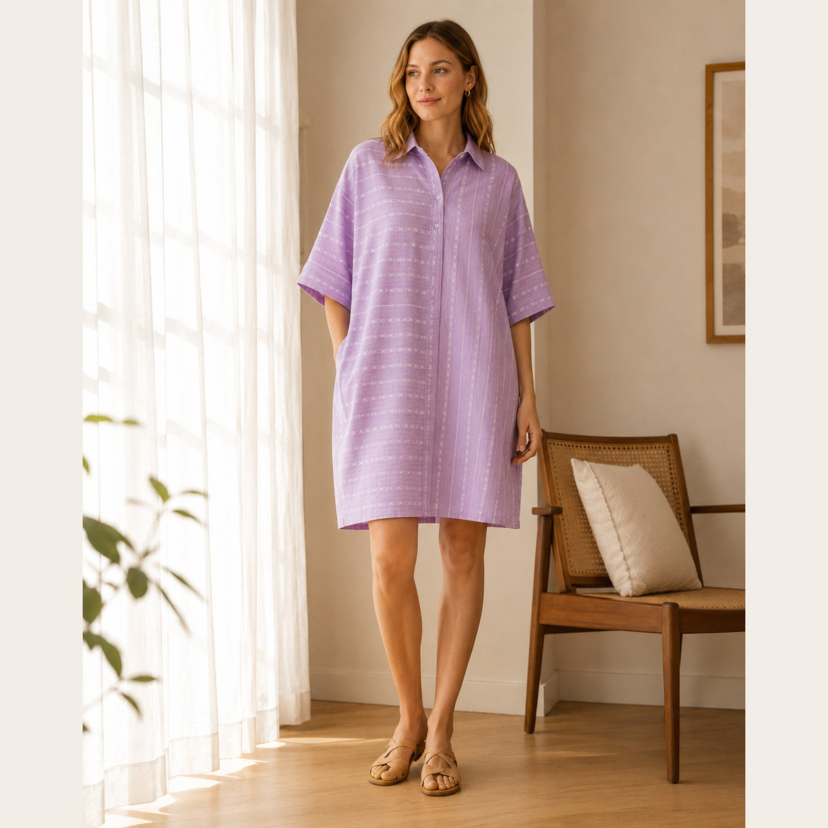 Lavender handloom cotton shirt dress - lifestyle shot