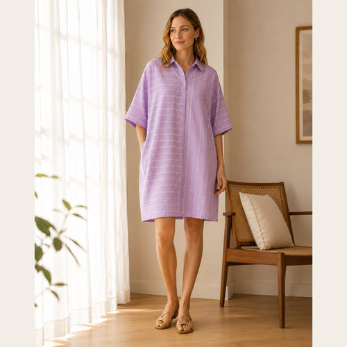 Lavender handloom cotton shirt dress - lifestyle shot