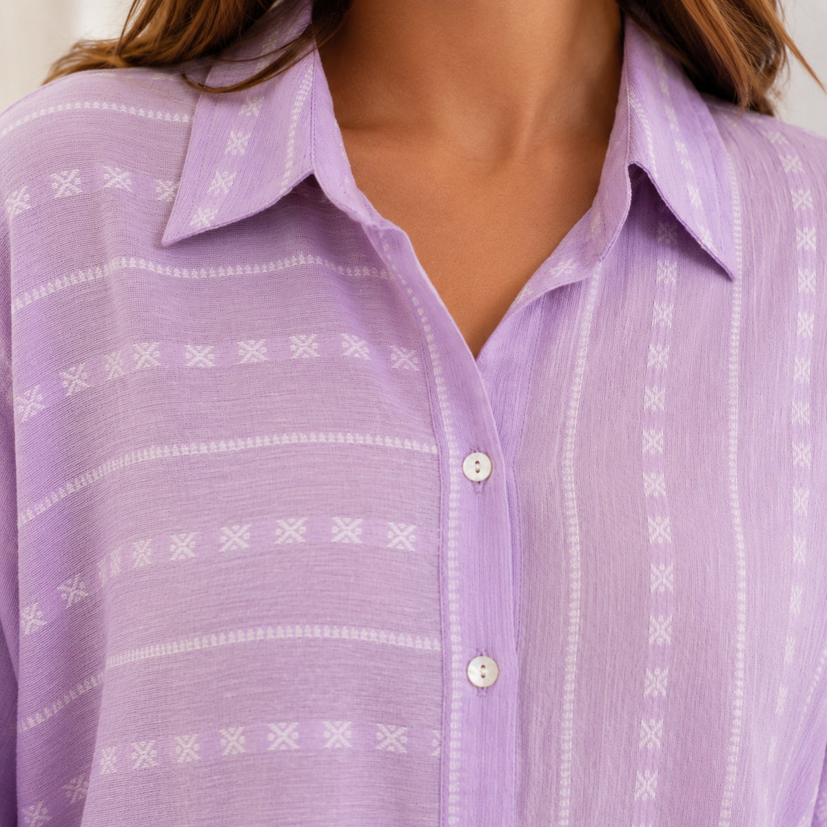 Lavender handloom cotton shirt dress - fabric and button detail closeup