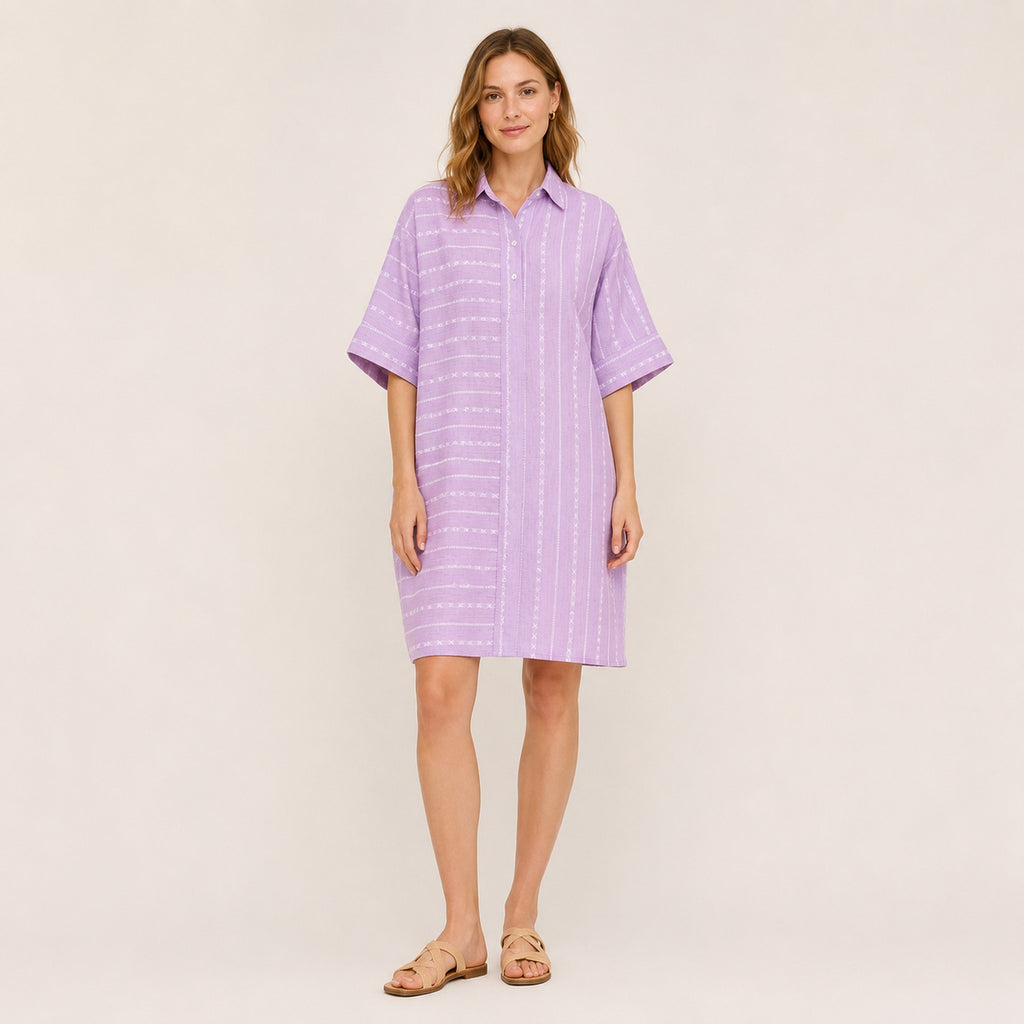 Lavender handloom cotton shirt dress - front view