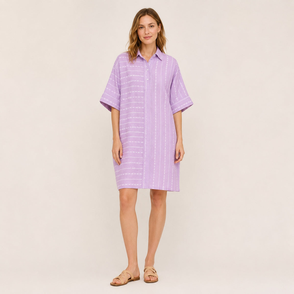 Lavender handloom cotton shirt dress - front view