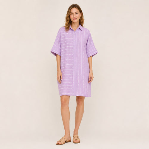 Lavender handloom cotton shirt dress - front view